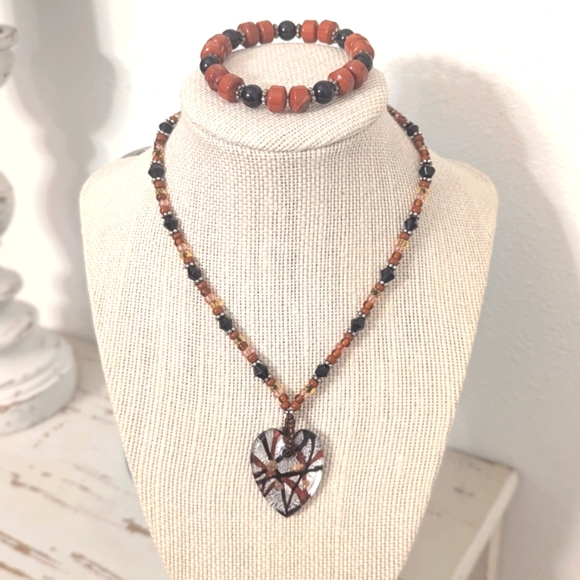 Vintage Murano Glass Heart Pendant With Red Jasper 925 Necklace and Bracelet Set - Picture 8 of 8